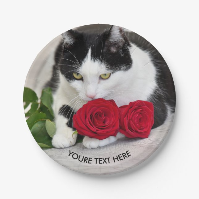 Niedliche Katze mit der Roten Rose Pappteller (Vorderseite)