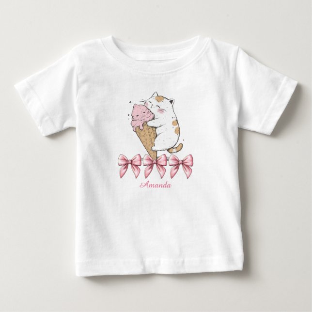 Niedliche Katze mit Eiscreme und Name T - Shirt (Vorderseite)