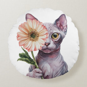 Niedliche Katze mit großer Blume Adortable Sphynx Rundes Kissen