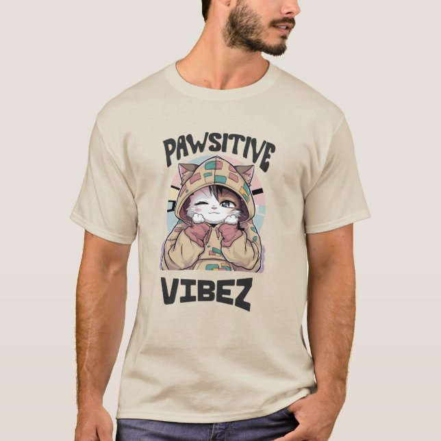 Niedliche Katze mit Hoodie: "PAWSITIVE VIBEZ-Desig T-Shirt (Vorderseite)
