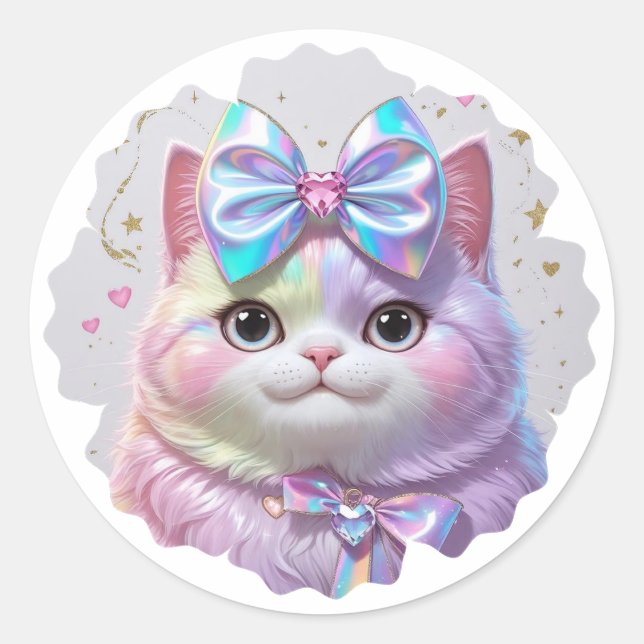 Niedliche Katze mit irisierendem Bogen Runder Aufkleber (Vorderseite)