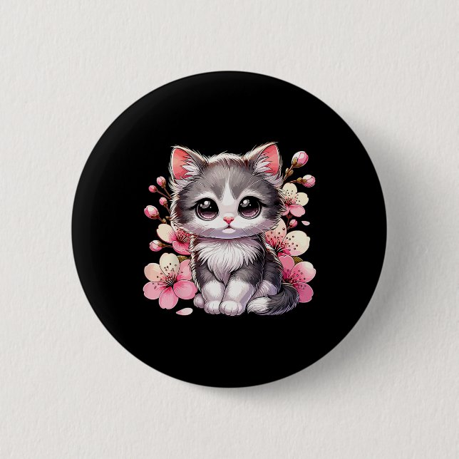 Niedliche Katze mit Kirschblütenkatze Button (Vorderseite)