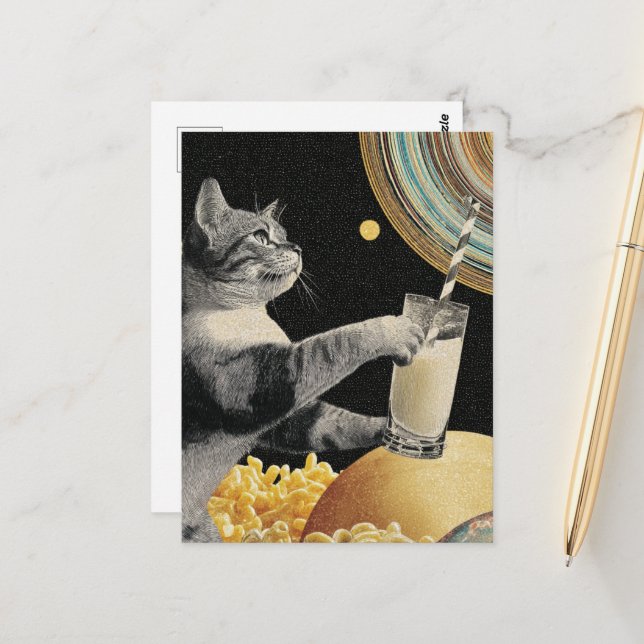 Niedliche Katze mit Milch im Weltraum Postkarte (Vorderseite/Rückseite Beispiel)