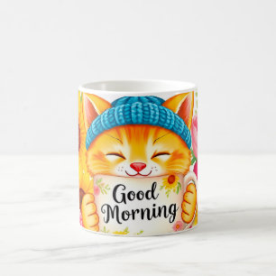 Niedliche Katze mit Morgenkaffee Kaffeetasse
