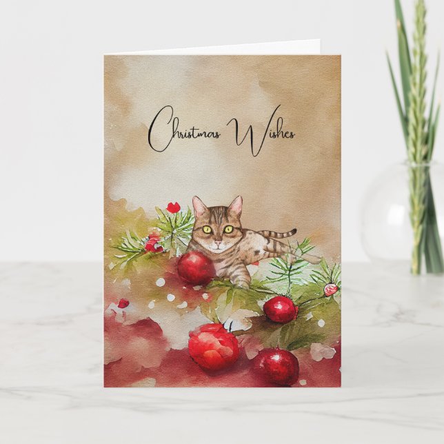 Niedliche Katze mit Ornamenten Weihnachtskarte Karte (Vorderseite)