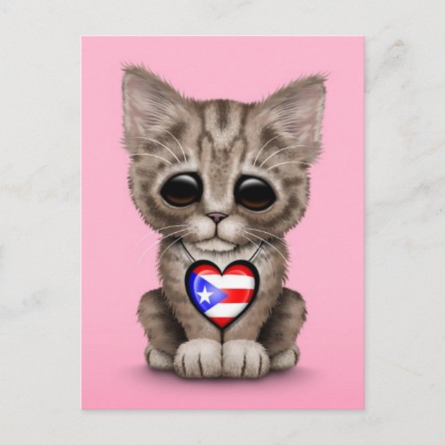 Niedliche Katze mit Puerto Rico Flag Herz, rosa Postkarte (Vorderseite)
