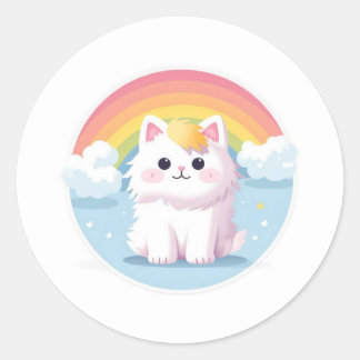 Niedliche Katze mit Regenbogen und Wolken Runder Aufkleber
