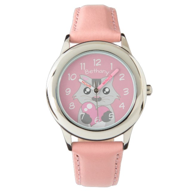 Niedliche Katze mit rosa Herz Personalisiert Armbanduhr (Vorderseite)
