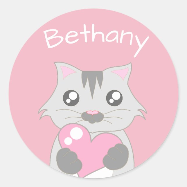 Niedliche Katze mit rosa Herz Personalisiert Runder Aufkleber (Vorderseite)