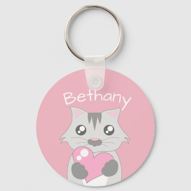 Niedliche Katze mit rosa Herz Personalisiert Schlüsselanhänger (Vorderseite)