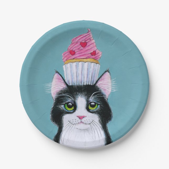 Niedliche Katze mit rosa Kuchen Pappteller (Vorderseite)