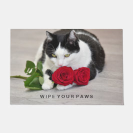 Niedliche Katze mit rote Rose Fußmatte