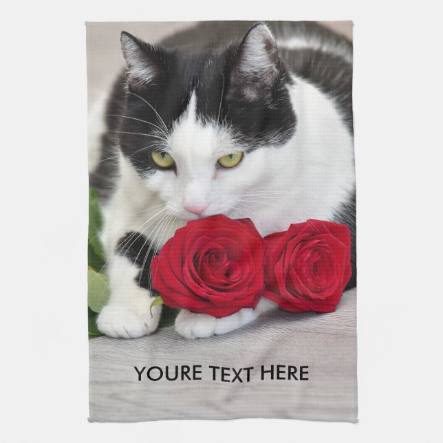 Niedliche Katze mit rote Rose Geschirrtuch (Vertikal)