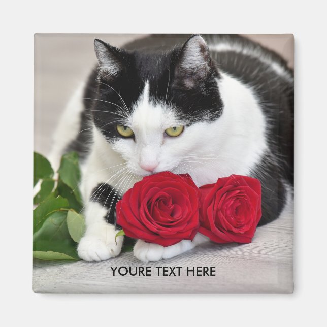 Niedliche Katze mit rote Rose Magnet (Vorne)