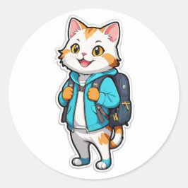 Niedliche Katze mit Rucksack-Aufkleber - Zurück in Runder Aufkleber