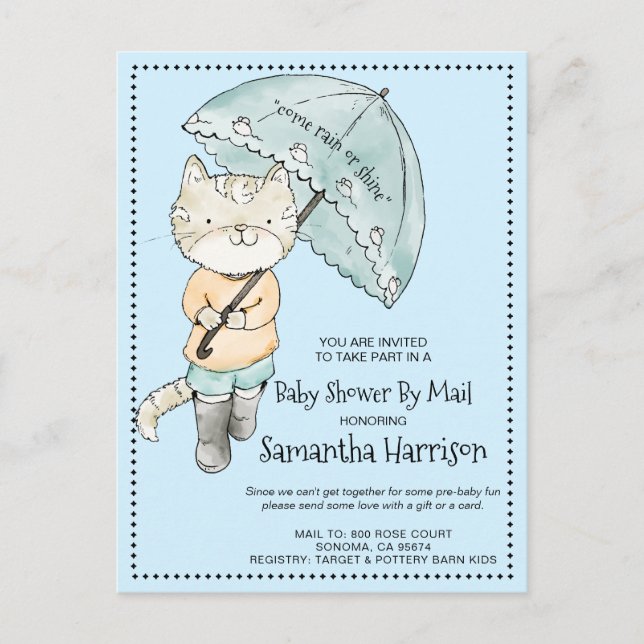 Niedliche Katze mit Schirm | Kinderdusche per Post Einladungspostkarte (Vorderseite)