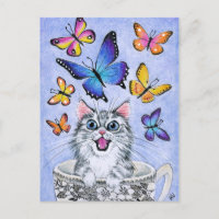 Niedliche Katze mit Schmetterlingen, Postkarte für