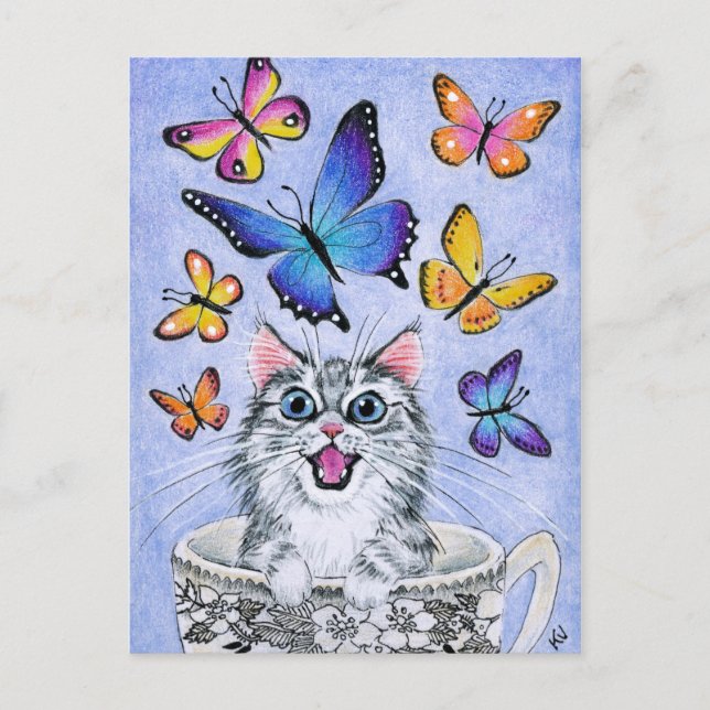 Niedliche Katze mit Schmetterlingen, Postkarte für (Vorderseite)