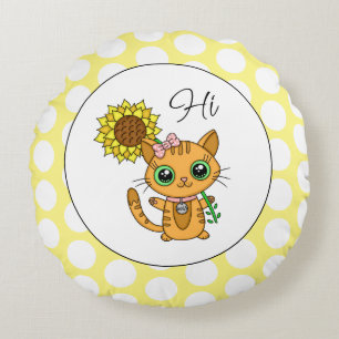Niedliche Katze mit Sonnenblumen und Polka-Punkten Rundes Kissen