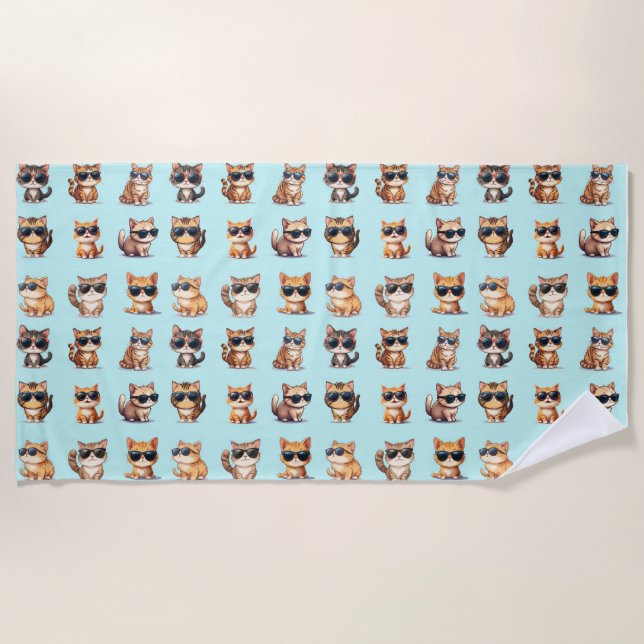 Niedliche Katze mit Sonnenbrille auf hellblauem Hi Strandtuch (Vorderseite)