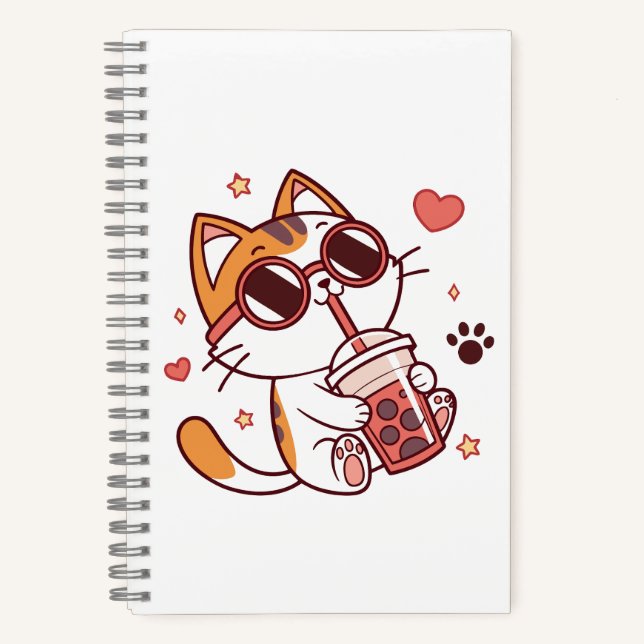 Niedliche Katze mit Sonnenbrille trinken Boba Tee Notizbuch (Vorderseite)