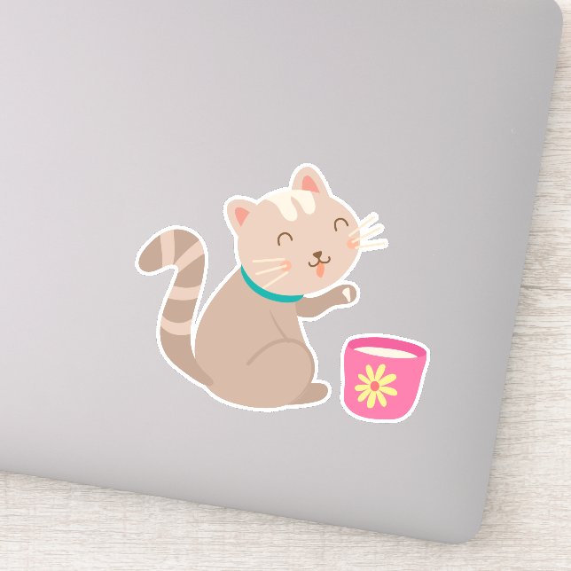 Niedliche Katze mit Teacup-Cartoon Aufkleber (Detail)