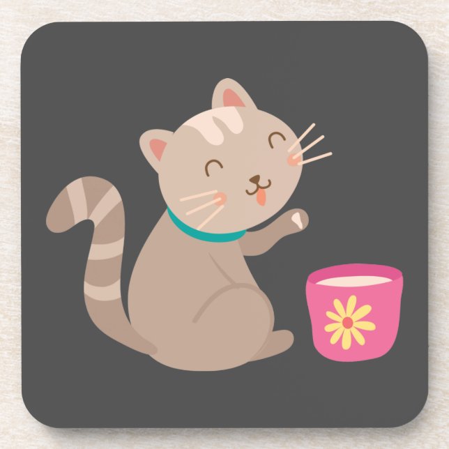 Niedliche Katze mit Teacup-Cartoon Getränkeuntersetzer (Vorderseite)