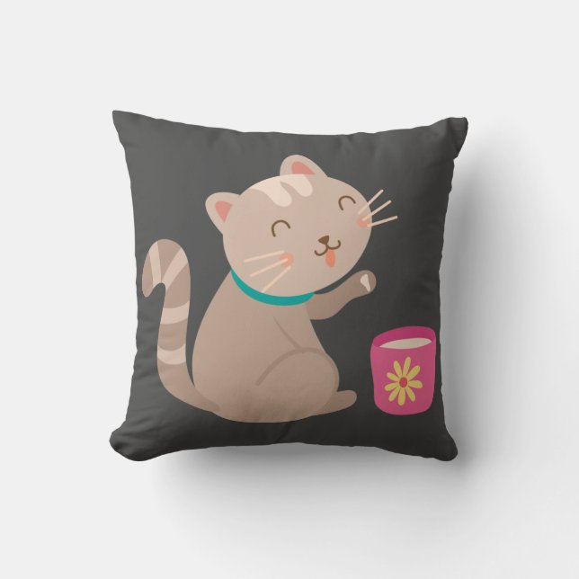 Niedliche Katze mit Teacup-Cartoon Kissen (Vorderseite)