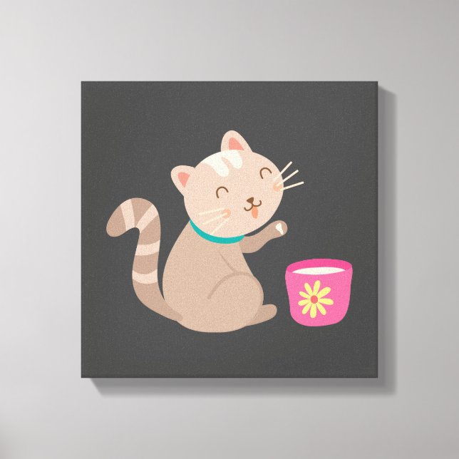 Niedliche Katze mit Teacup-Cartoon Leinwanddruck (Vorderseite)
