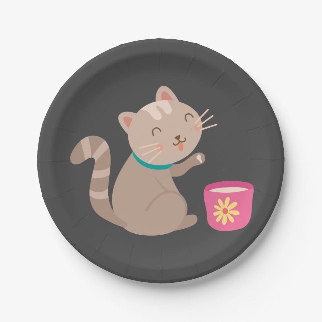 Niedliche Katze mit Teacup-Cartoon Pappteller (Vorderseite)