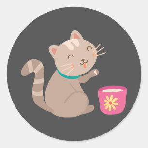 Niedliche Katze mit Teacup-Cartoon Runder Aufkleber