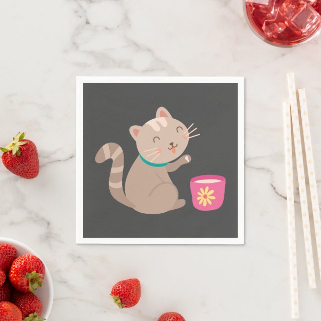 Niedliche Katze mit Teacup-Cartoon Serviette (Beispiel)