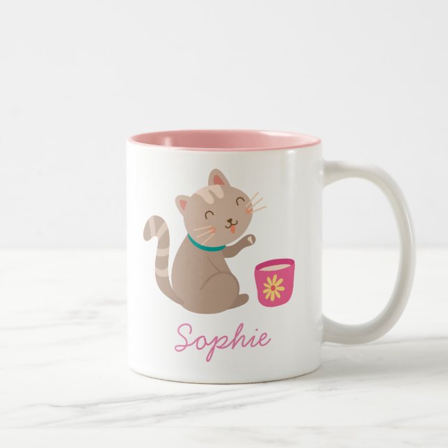 Niedliche Katze mit Teacup-Cartoon Zweifarbige Tasse (Rechts)