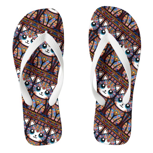 Niedliche Katze mit traditionellem Muster Flip Flops (Fußbett)