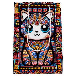 Niedliche Katze mit traditionellem Muster Mittlere Geschenktüte