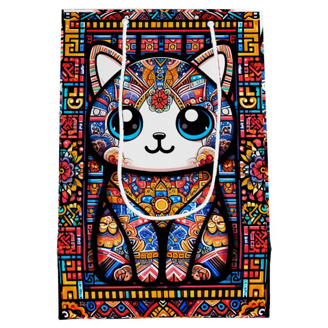 Niedliche Katze mit traditionellem Muster Mittlere Geschenktüte (Rückseite)