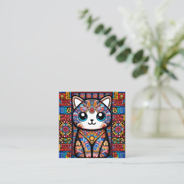Niedliche Katze mit traditionellem Muster Quadratische Visitenkarte (Stehend Vorderseite)