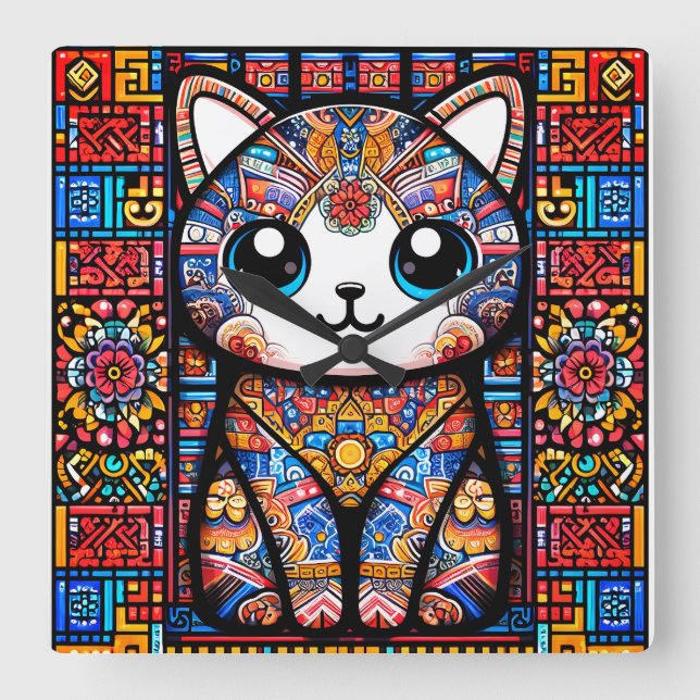 Niedliche Katze mit traditionellem Muster Quadratische Wanduhr (Vorderseite)