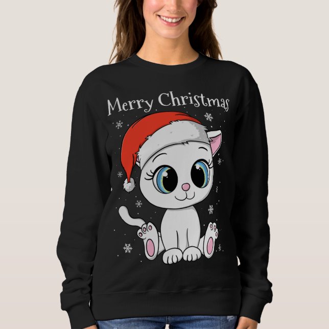 Niedliche Katze mit Weihnachtsmannmütze Frohe Weih Sweatshirt (Vorderseite)