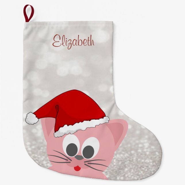 Niedliche Katze mit Weihnachtsmannmütze, Glittery  Großer Weihnachtsstrumpf (Vorderseite)