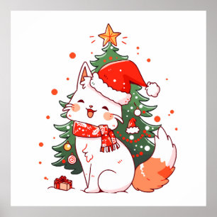 Niedliche Katze mit Weihnachtsmannmütze in der Näh Poster