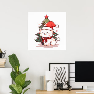 Niedliche Katze mit Weihnachtsmannmütze in der Näh Poster