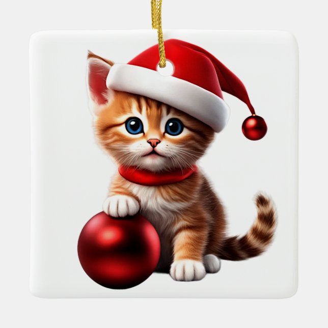 Niedliche Katze mit Weihnachtsmütze und Weihnachts Keramikornament (Vorderseite)