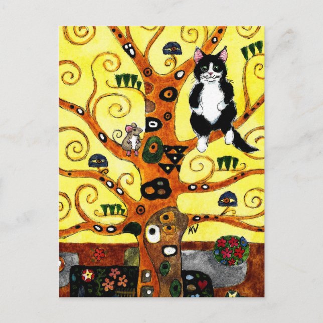 Niedliche Katze Mouse Klimt Tree of Life Tribute P Postkarte (Vorderseite)