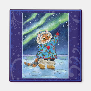 Niedliche Katze, Nordlicht-Winternatur Magnet