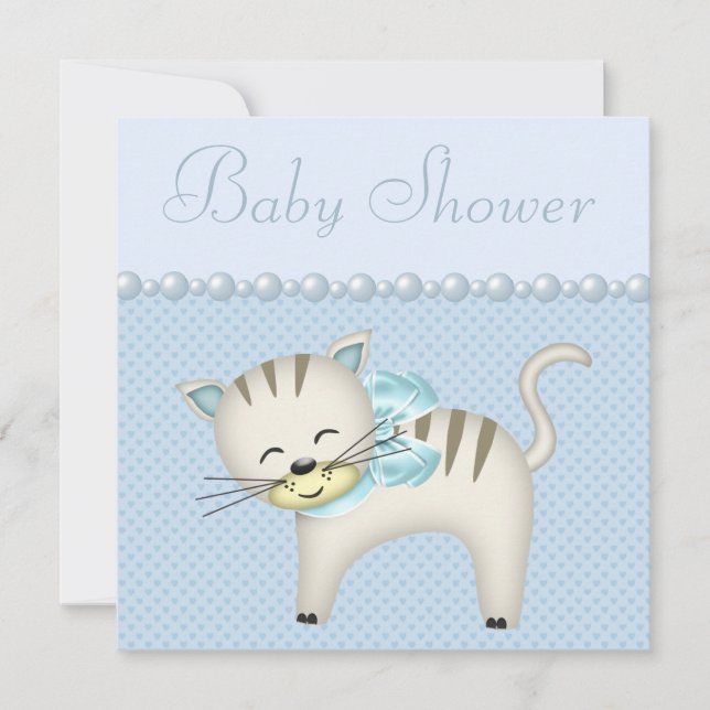 Niedliche Katze, Perlen & Hearts Blue Baby Boy Dus Einladung (Vorderseite)