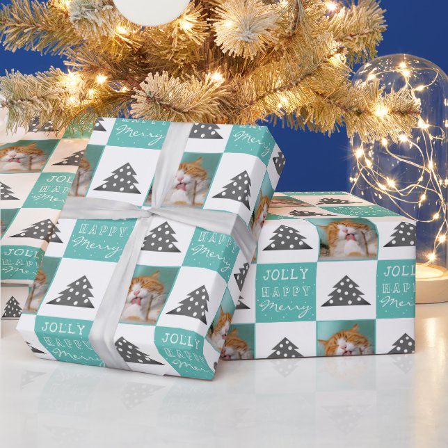 Niedliche Katze Pet Typografie Weihnachtsbaum Foto Geschenkpapier (Feiertage)