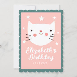 Niedliche Katze Rosa Grüne Lila Stars Geburtstag Einladung