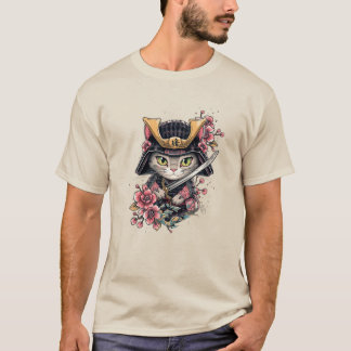 Niedliche Katze Samurai Cherry Blossom Art T-Shirt