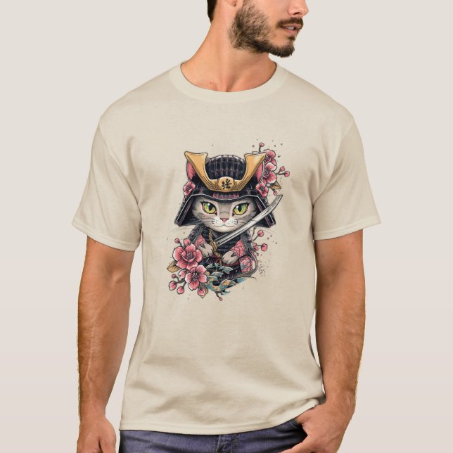 Niedliche Katze Samurai Cherry Blossom Art T-Shirt (Vorderseite)